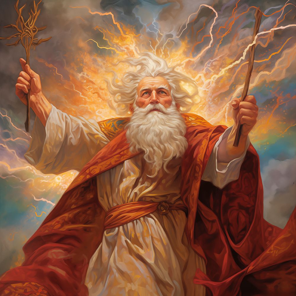 Powerful male wizard or god-like figure with wands.  (AI Generated)